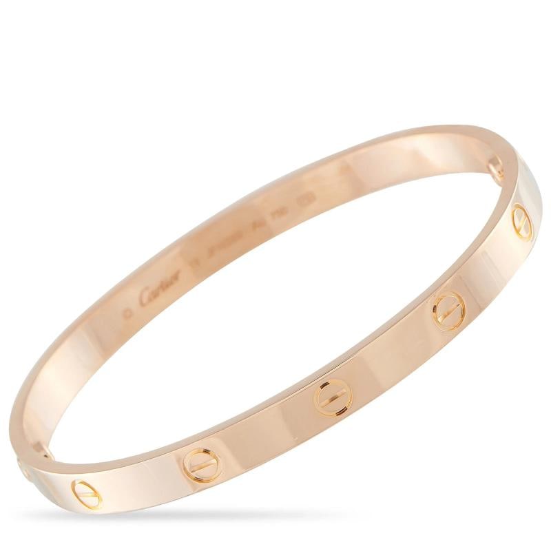 Cartier LOVE 18K Rose Gold Bracelet: This Size 19 bracelet measures 7.50 long. Condition: Pre-owned - Good: This item has been gently used but is in good condition. It might have a few signs of wear, like light scratches or tarnishing.