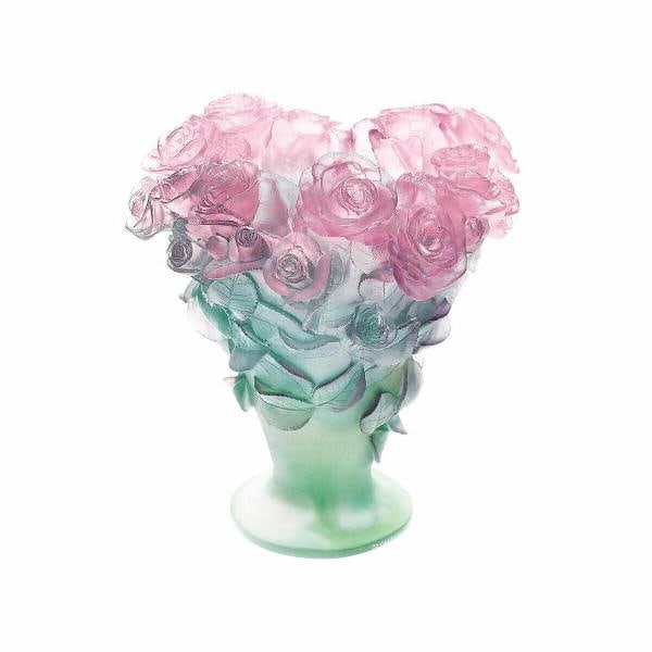 NEW DAUM CRYSTAL ROSES VASE GREEN & PINK LARGE #03547 BRAND NIB FRENCH RARE - 2