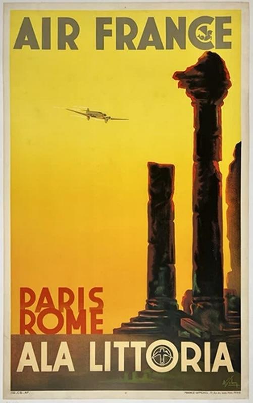 Original Vintage Poster AIR FRANCE PARIS ROME Airline Travel Tourism LINEN: Dimensions: 24.3 x 39.4 in. / 61.8 x 100 cm.; Circa: 1938 Original vintage "AIR FRANCE - PARIS ROME - ALA LITTORIA" airline travel poster, plate signed by its artist, ALBERT SOLON, and printed circa 1