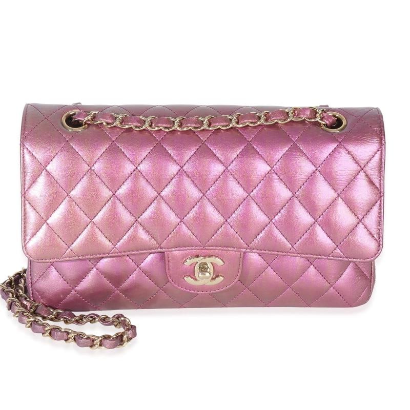 Chanel Dark Pink Iridescent Quilted Lambskin Medium Classic Double Flap Bag: Condition: Pre-owned - Good,Country of Origin: France,Dimensions: 10 x 6 x 2.5,Handbag Accessories: Authenticity Card,Bag Width: 10 in,Bag Depth: 2.5 in,Bag Height: 6 in,Department: Unisex,Style: Cros