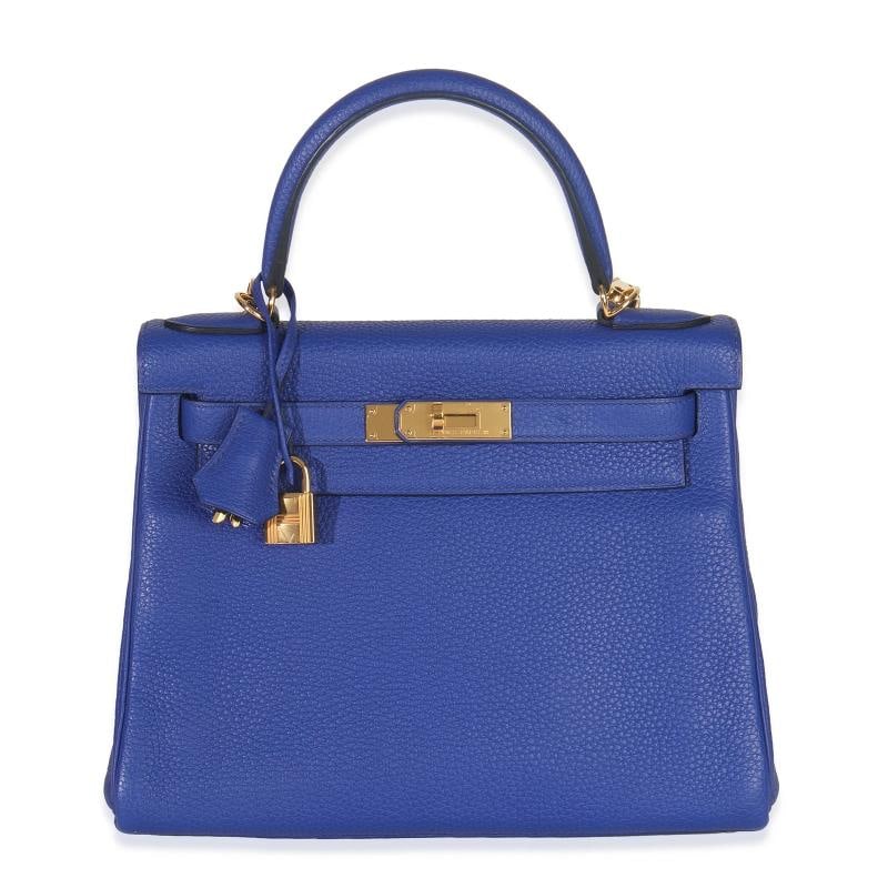 HermÃƒÂ¨s Bleu Electrique Togo Retourne Kelly 28 GHW: Condition: Pre-owned - Good,Country of Origin: France,Dimensions: 10.5 x 8 x 4.5,Handbag Accessories: Box;Clochette;Dustbag;Lock;Raincoat;Gift Ribbon;Care Booklet;Key;,Bag Width: 10.5 in,Bag Depth: