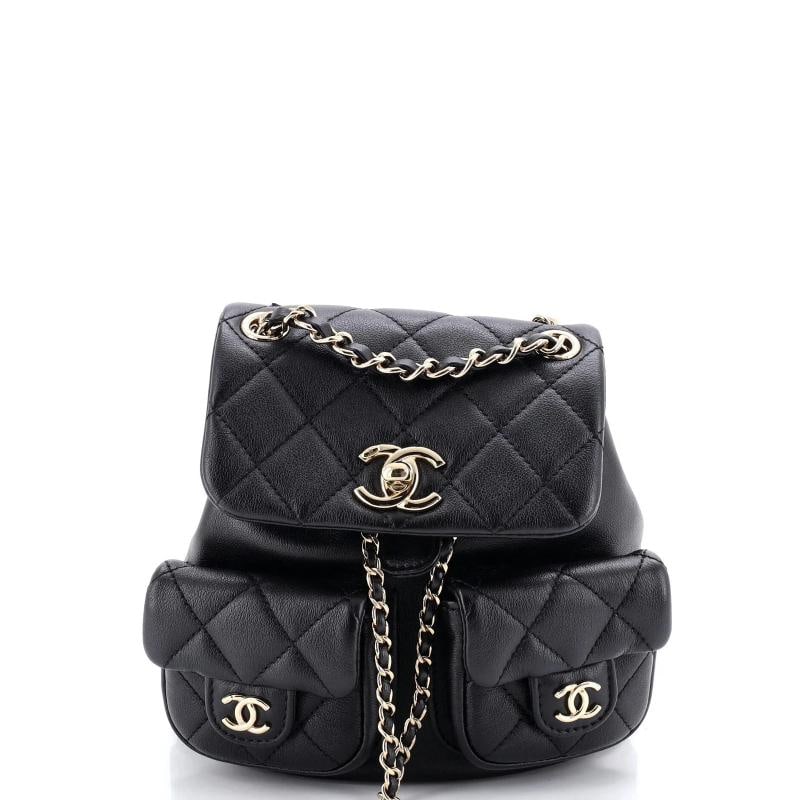 Chanel Duma Pockets Drawstring Backpack Quilted Calfskin Small: Condition: Pre-owned - Excellent,Brand: Chanel,Exterior Material: Leather,Style: Backpacks,Exterior Color: Black,Department: Women,Size: Small,Accessories: Dust Bag Condition: Great. Exterior: minor s