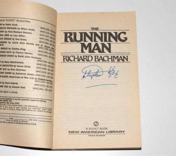 STEPHEN KING SIGNED 'THE RUNNING MAN' 1ST EDITION PRINTING BOOK RICHARD BACHMAN Beckett: Binding: Softcover, Wraps,Signed: Yes,Special Attributes: 1st Edition,Author: Stephen King,Personalized: No,Publisher: New American Library,Topic: Novels,Modified Item: Yes,Subject: Literature & Ficti
