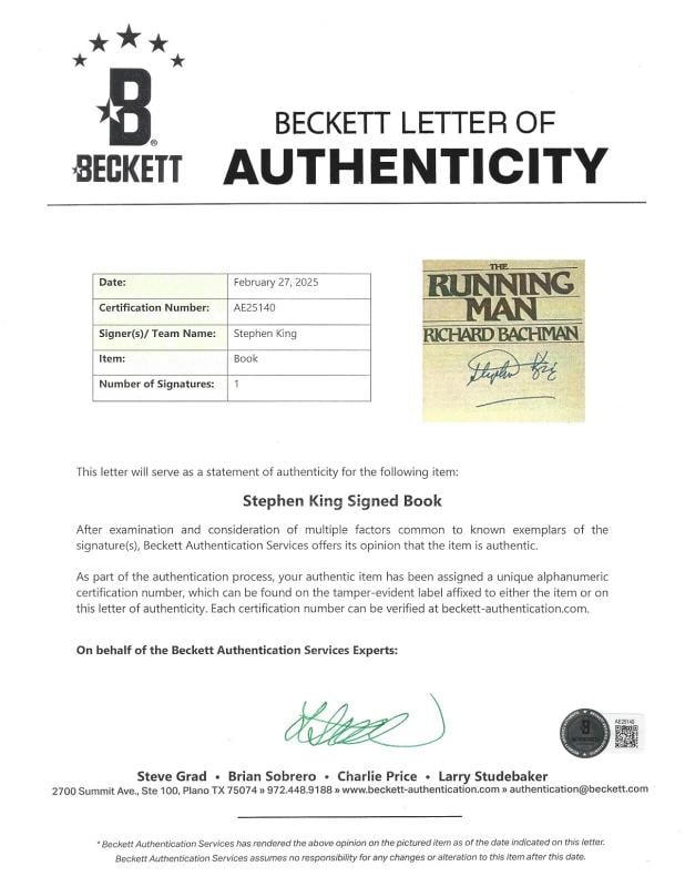 STEPHEN KING SIGNED 'THE RUNNING MAN' 1ST EDITION PRINTING BOOK RICHARD BACHMAN Beckett - 5