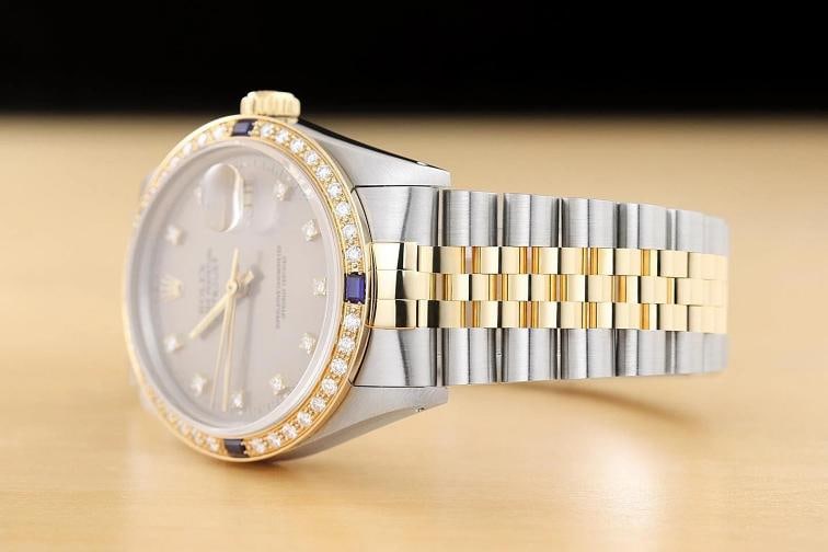 ROLEX DATEJUST 16233 GRAY FACTORY DIAMOND SAPPHIRE 18K YELLOW GOLD STEEL WATCH - 4