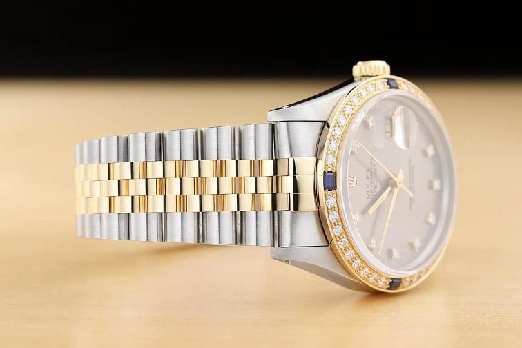 ROLEX DATEJUST 16233 GRAY FACTORY DIAMOND SAPPHIRE 18K YELLOW GOLD STEEL WATCH - 7
