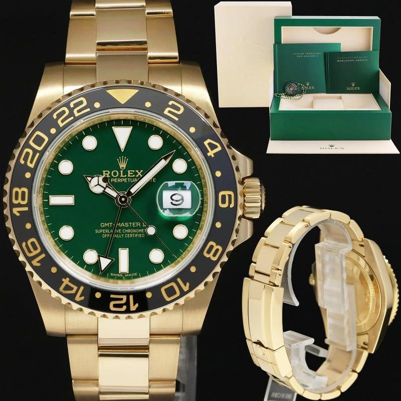 2017 MINT Rolex GMT-Master II 2 Ceramic Green Dial 116718 Yellow Gold Watch Box: Brand Rolex (Guaranteed Authentic) Model GMT-Master II Reference Number 116718 Serial Number Random Gender Men's Metal Yellow Gold Case Material Yellow Gold Bracelet Material Yellow Gold Case Size 40.