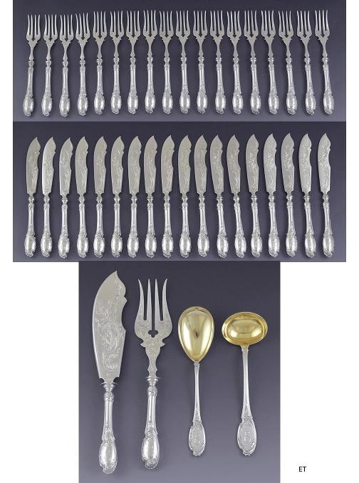 c1900 Fab German Bruckmann Sons Silver 40pc Fish Set w Serving Pieces E Mono: Type: Flatware - Sets,Maker: Bruckmann & Sons,Composition: .800 Silver,Country of Origin: Germany Presented is a fabulous German silver 40 piece fish set. This set was made by Bruckmann & Sons and dat