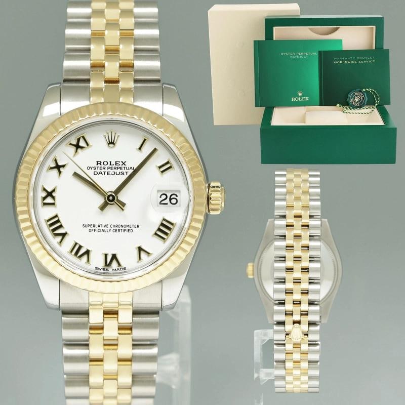 2019 Mint Ladies Rolex DateJust MidSize 31mm Jubilee White Roman 178273 Watch: Brand Rolex (Guaranteed Authentic) Model DateJust Reference Number 178273 Serial Number Random Gender Ladies Metal Stainless Steel / Yellow Gold Case Size 31.00mm Wrist Size This watch will