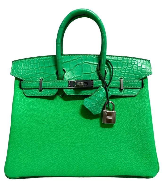 Hermes Birkin 25 Touch Vert Comics Green Togo and Alligator Palladium New 2023: 8"H x 9.75"W x 5"DCondition: New without tags,Materials sourced from: France,Bag Width: 9.75Ã¢â‚¬Â,Bag Height: 8 in,Closure: Turn Lock,Manufacturer Color: Vert Com