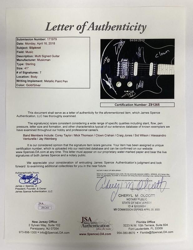 Slipknot Band Signed Guitar Clown Crahan Autograph Corey Taylor +5 Sigs JSA - 10