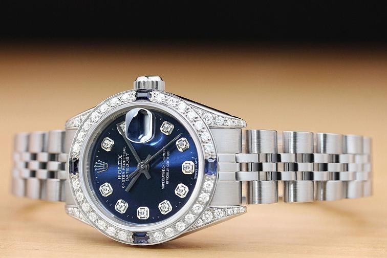 ROLEX LADIES DATEJUST 69174 BLUE DIAMOND SAPPHIRE 18K WHITE GOLD STEEL WATCH - 2