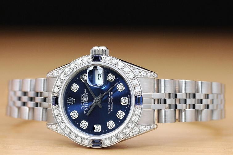 ROLEX LADIES DATEJUST 69174 BLUE DIAMOND SAPPHIRE 18K WHITE GOLD STEEL WATCH - 3
