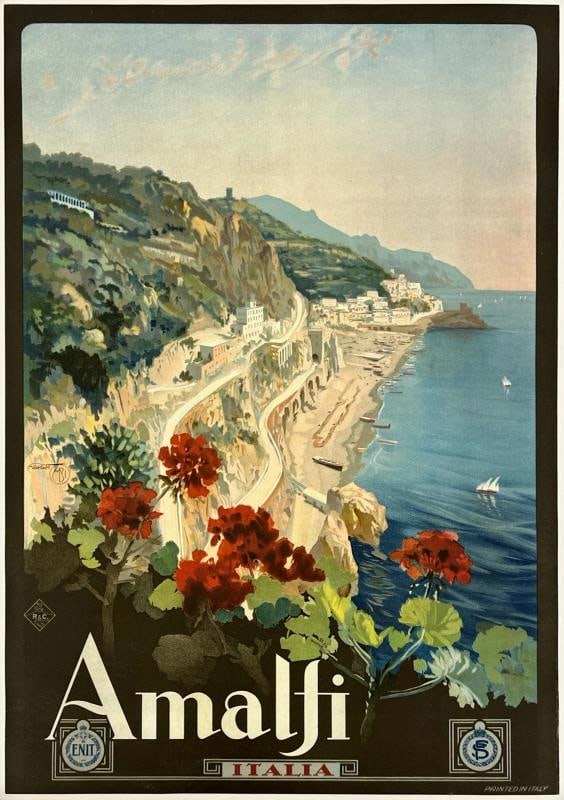 Original Vintage Poster AMALFI ITALIA Italy Italian Travel Tourism LINEN: Dimensions: 27.6 x 39.4 in. / 70 x 100 cm.; Circa: 1925 Original vintage "AMALFI - ITALIA" Italian travel poster, plate signed by its artist, MARIO BORGONI, and printed circa 1925.