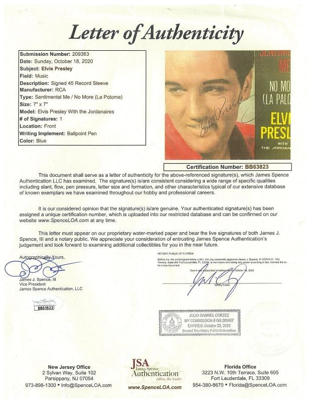 Elvis Presley Signed Sentimental Me/No More (La Poloma) 45 Record Album JSA COA - 4