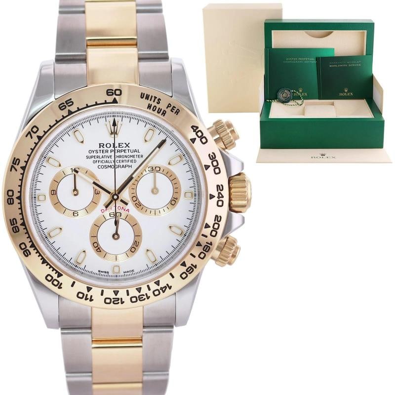 2021 MINT Rolex Daytona 116503 White Chronograph Two Tone Gold Steel Watch Box: Condition: Pre-owned - Excellent,Reference Number: 116503,Model: Rolex Daytona,Features: Chronograph,Dial Color: White,Band Color: White,Bezel Color: White,Case Color: White,Band Material: White Gold,