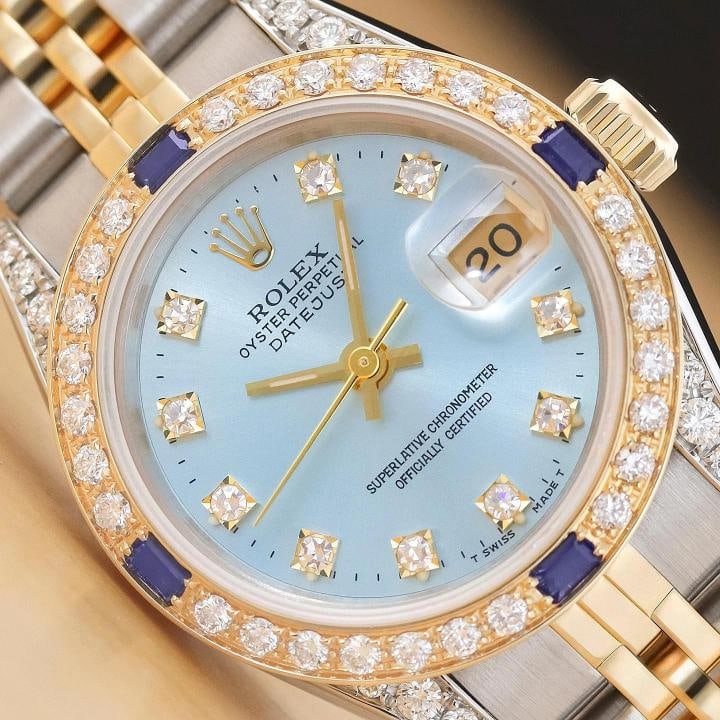 ROLEX LADIES DATEJUST 69173 ICE BLUE FACTORY DIAMOND SAPPHIRE 18K GOLD SS WATCH: Condition: Pre-owned - Good,Department: Women's,Brand: Rolex,Style: Dress/Formal, Luxury, Luxury: Dress Styles,Features: 12-Hour Dial, Chronometer, Sapphire Crystal, Screwdown Crown, Seconds Hand, Sel