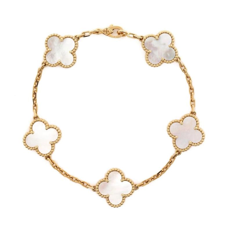 Van Cleef & Arpels Vintage Alhambra 5 Motifs Bracelet 18K Yellow Gold and Mother: Measurements: Circumference: 7.50 ", Width: 14.85 mm . Condition: Pre-owned - Good,Brand: Van Cleef & Arpels,Main Stone: Unknown,Metal: 18K Yellow Gold,Metal Purity: 18K,Style: Bracelet,Type: Bracelet