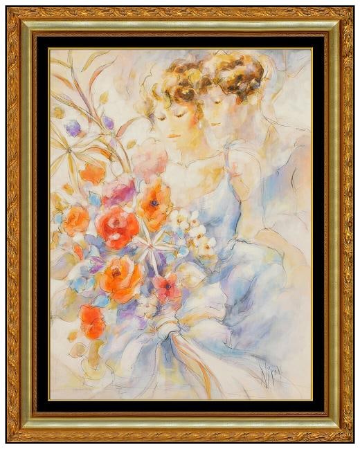Peter Nixon Original Acrylic On Canvas Painting Female Portrait Floral Signed: measuring approximately 24" x 18" and 37" x 31" with the museum quality frame. Artist: Peter Nixon,Signed: Yes,Date of Creation: 2000-Now,Material: Oil, Canvas,Certificate of Authenticity (COA): Yes,F