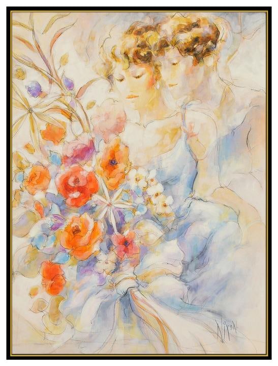 Peter Nixon Original Acrylic On Canvas Painting Female Portrait Floral Signed - 2