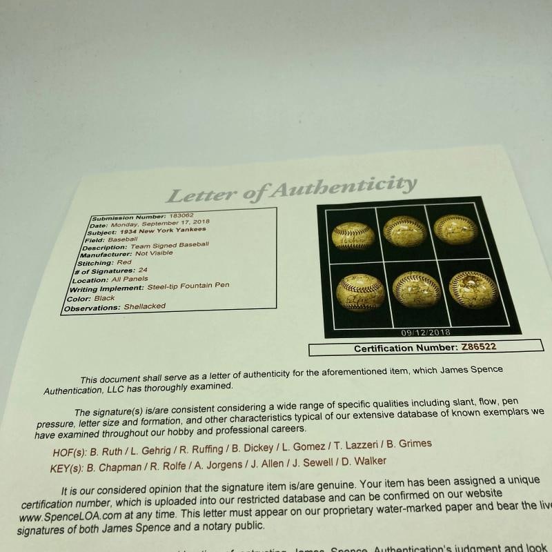 Babe Ruth & Lou Gehrig Sweet Spot 1934 Yankees Team Signed Baseball JSA COA - 8