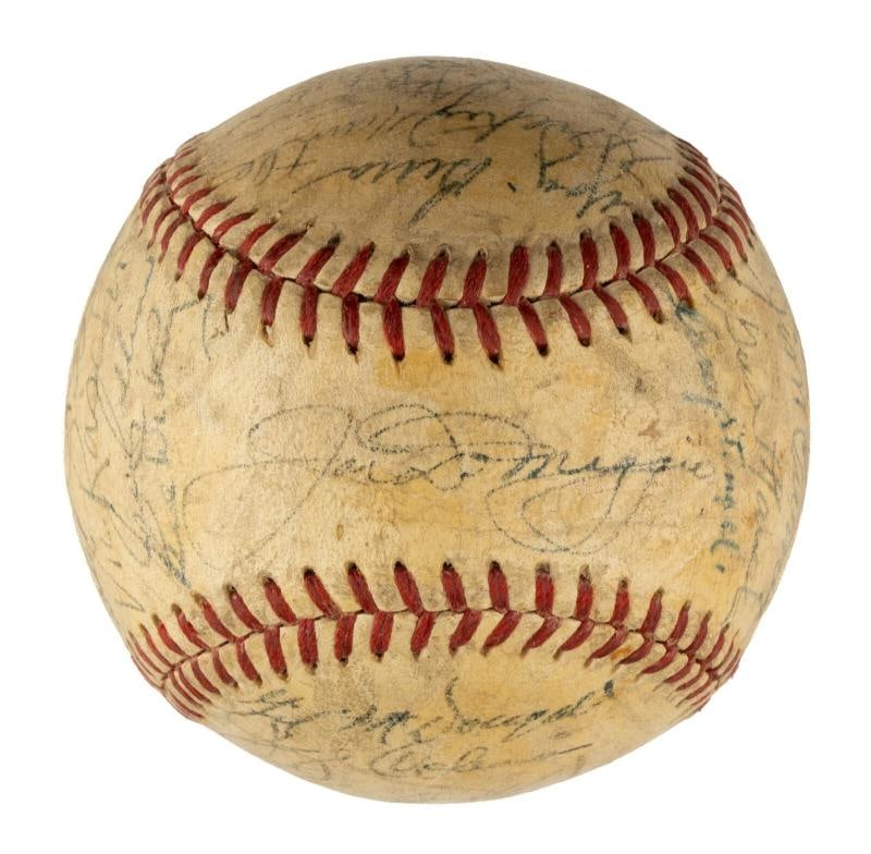 1951 Yankees World Series Champs Team Signed Baseball Mickey Mantle Rookie JSA: signed in blue ink by the following 31 members of the 1951 World Champion New York Yankees: Mickey Mantle, Joe DiMaggio (sweet spot), Casey Stengel (Mgr.), Berra, Rizzuto, Dickey (coach), Martin, McDo