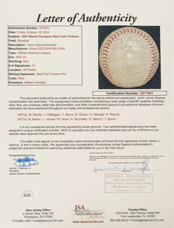 1951 Yankees World Series Champs Team Signed Baseball Mickey Mantle Rookie JSA - 3