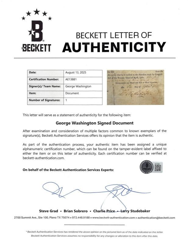 George Washington Signed 8x11.25 1783 Revolutionary War Discharge Document BAS - 3