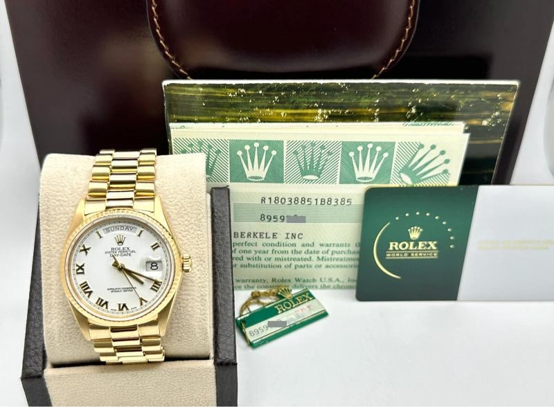 Rolex Day Date President 18038 36mm White Roman Dial 18K Yellow Gold Box Papers (1 of 9)