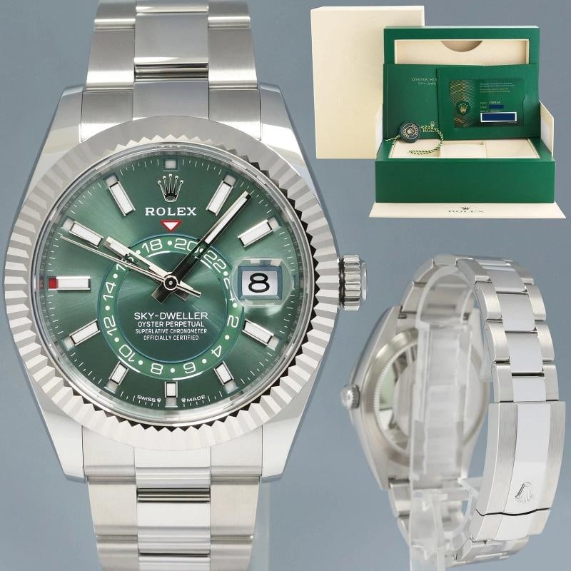 2024 NEW PAPERS Rolex Sky-Dweller Steel Green Oyster Fluted 42mm 336934 Watch: Brand Rolex (Guaranteed Authentic) Model Sky-Dweller Reference Number 336934 Serial Number Random Serial Gender Men's Metal Stainless Steel Case Size 42.00mm Wrist Size This watch will currently
