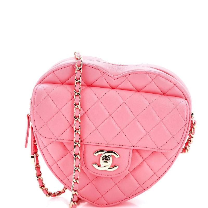 Chanel CC in Love Heart Bag Quilted Lambskin: Measurements: Handle Drop 20", Height 6.5", Width 7", Depth 2.5", Strap Drop 20". Condition: Pre-owned - Excellent,Brand: Chanel,Exterior Material: Leather,Style: Cross Body Bags,Exterior Color: Pink,