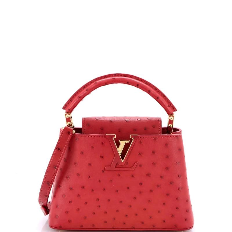 Louis Vuitton Capucines Bag Ostrich Mini: Accessories: Dust Bag, With Strap Measurements: Height 5", Width 7.5", Depth 2". Condition: Pre-owned - Good,Brand: Louis Vuitton,Exterior Material: Ostrich,Style: Top Handle,Exterior Color: