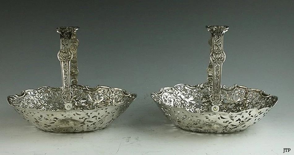 Pair 1800s Hanau German Silver Repoussƒ© Swing Handle Baskets (1 of 6)