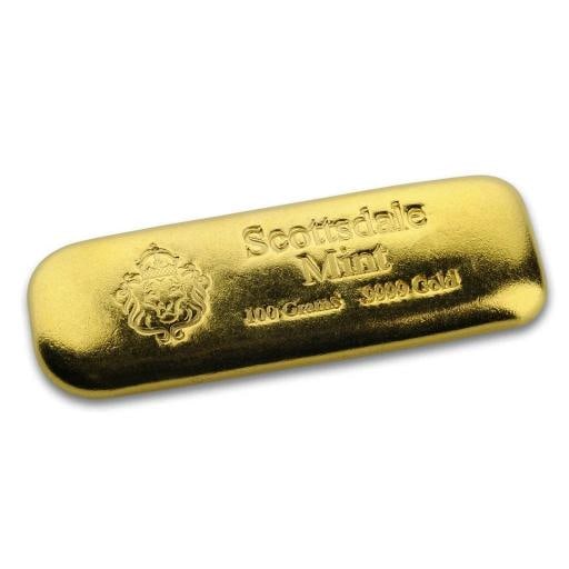 Scottsdale Mint 100 gram .9999 Gold Bar - 3.2150 oz Solid Gold #A497: Country of Origin: United States,Composition: Gold,Shape: Bar,Year: 2024,Fineness: 0.9999,Precious Metal Content per Unit: 100 g,Brand/Mint: Scottsdale Mint,Total Precious Metal Content: 100 grams