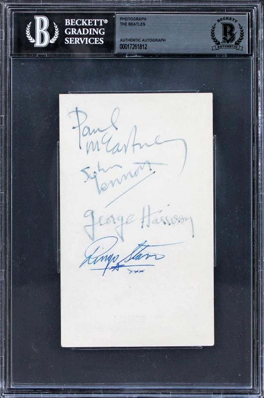 Beatles (4) Lennon, McCartney, Harrison & Starr Signed 3.5x5.75 Photo BAS Slab - 2