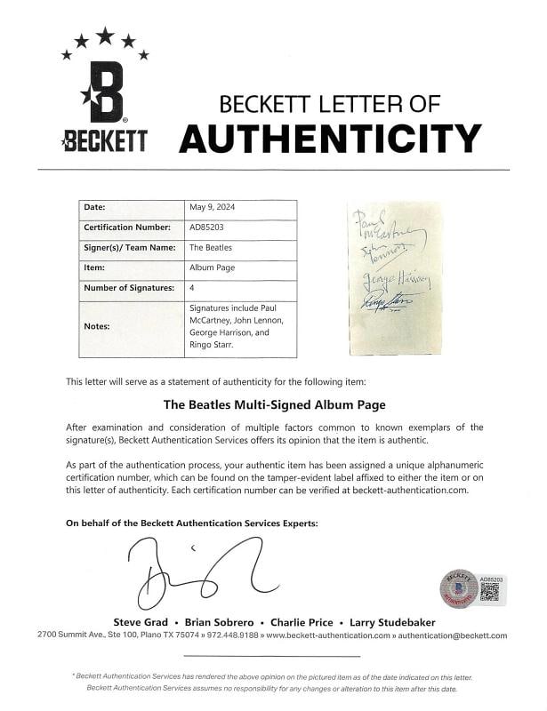 Beatles (4) Lennon, McCartney, Harrison & Starr Signed 3.5x5.75 Photo BAS Slab - 4