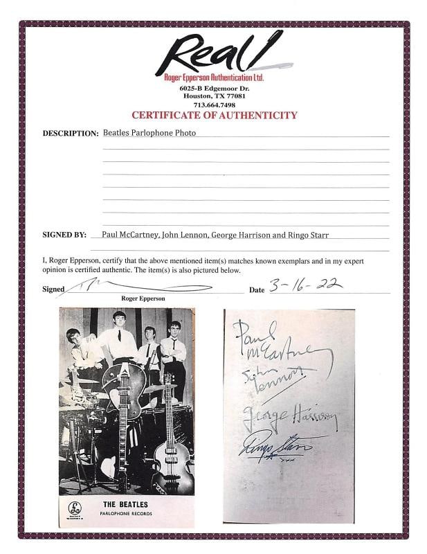 Beatles (4) Lennon, McCartney, Harrison & Starr Signed 3.5x5.75 Photo BAS Slab - 5