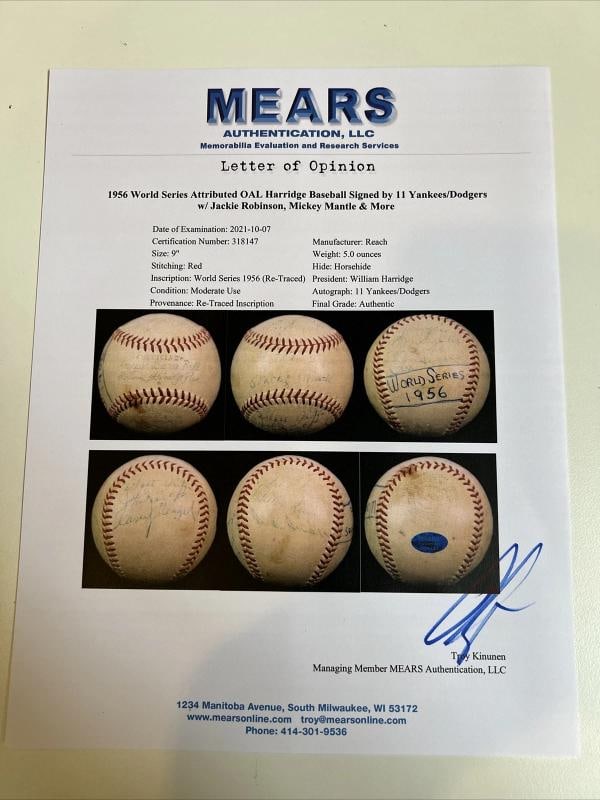 Jackie Robinson & Mickey Mantle Signed 1956 World Series Game Used Baseball PSA - 3