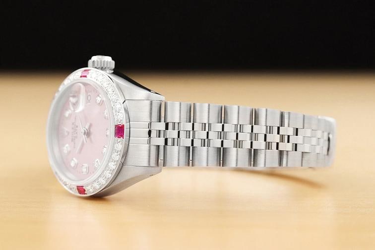 LADIES ROLEX DATE PINK RUBY DIAMOND 18K WHITE GOLD STAINLESS STEEL WATCH - 4