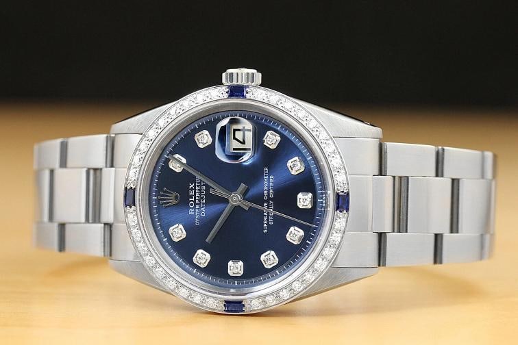 MENS ROLEX DATEJUST BLUE DIAMOND SAPPHIRE 18K GOLD STAINLESS STEEL OYSTER WATCH - 3