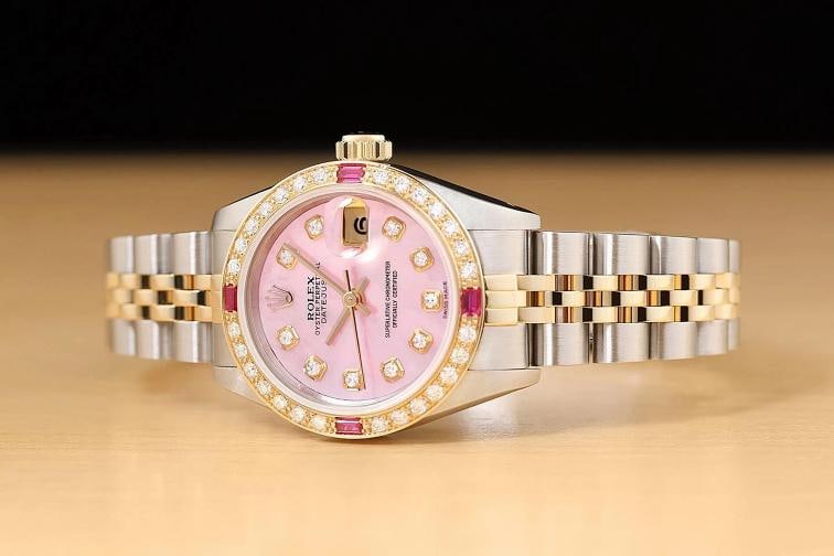 ROLEX LADIES DATEJUST 69173 PINK MOTHER OF PEARL 18K GOLD SS DIAMOND RUBY WATCH - 2