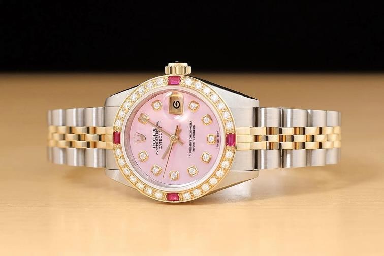 ROLEX LADIES DATEJUST 69173 PINK MOTHER OF PEARL 18K GOLD SS DIAMOND RUBY WATCH - 3