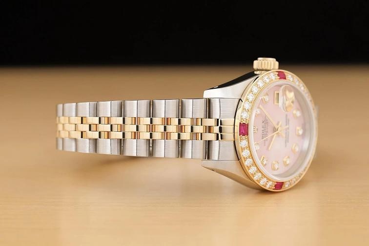 ROLEX LADIES DATEJUST 69173 PINK MOTHER OF PEARL 18K GOLD SS DIAMOND RUBY WATCH - 7