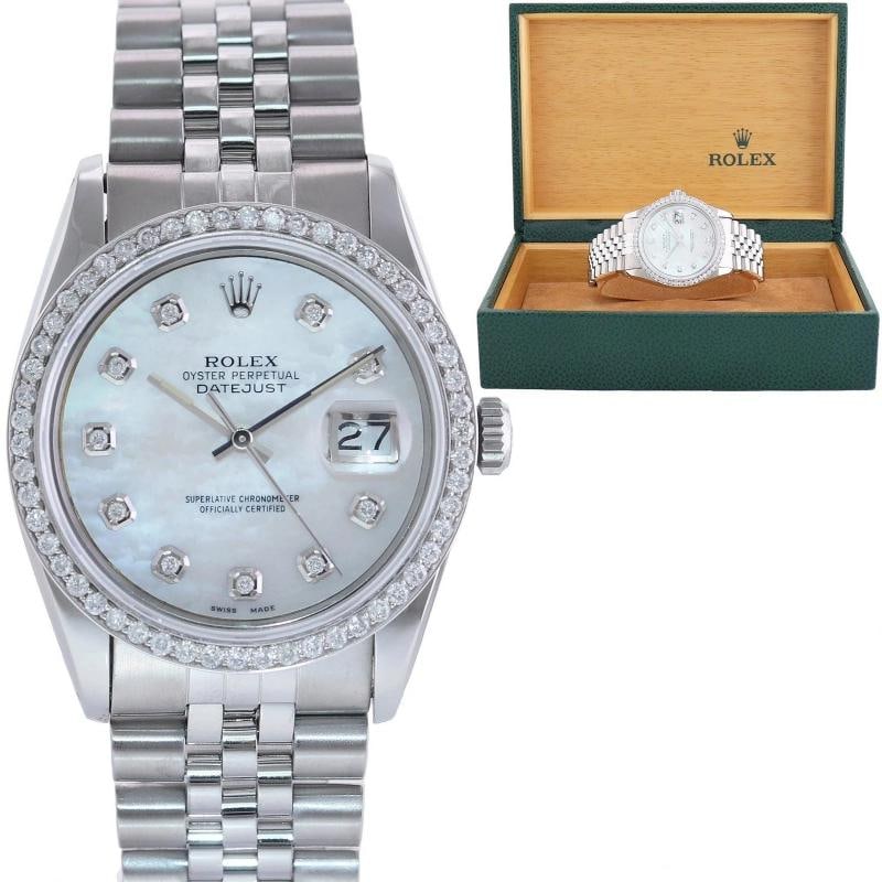 MINT DIAMOND Bezel Rolex DateJust 36mm Mother of Pearl 16234 Steel Watch Box: Condition: Pre-owned - Excellent,Brand: Rolex,Department: Men,Type: Wristwatch,Customized: Yes,Country of Origin: Switzerland Brand Rolex (Guaranteed Authentic) Model DateJust Reference Number 16234 S