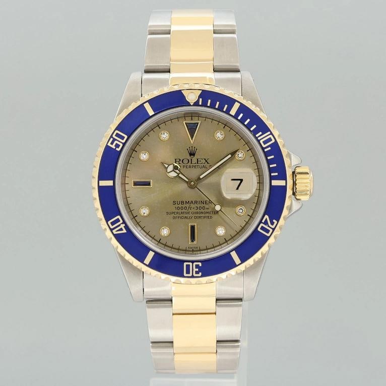 Rolex Submariner 16613 Two Tone Gold Champagne Serti Diamond Watch Box - 2