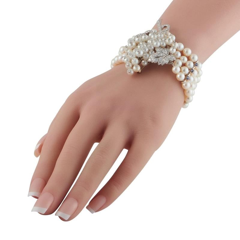 Platinum and 14K White Gold 3.20ct Diamond, Sapphire, and Pearl Bracelet - 2