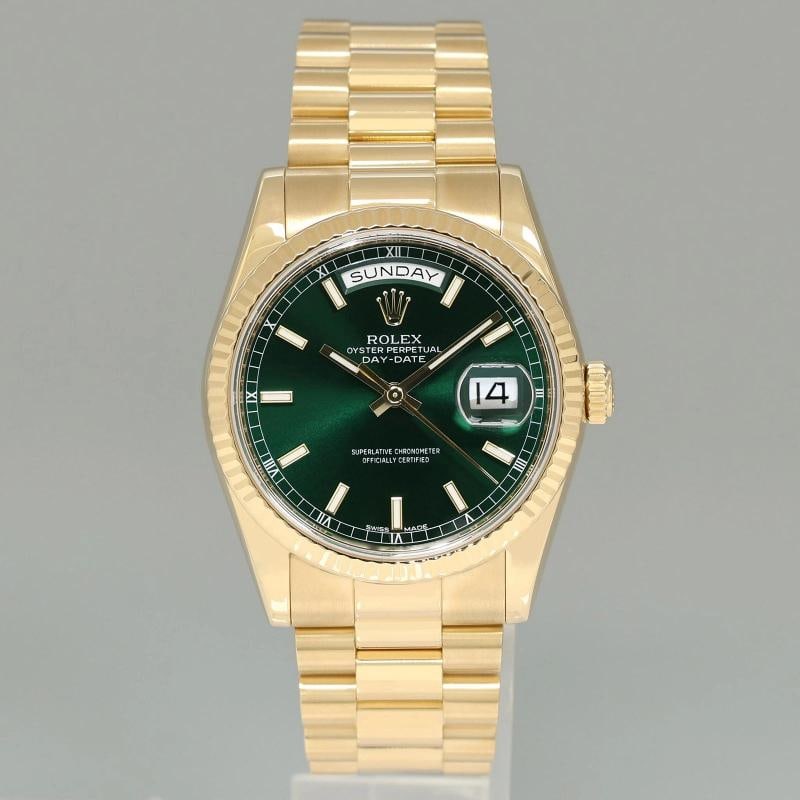 MINT 2014 Rolex President Yellow Gold Day Date Green Stick Dial 118238 Watch Box - 2