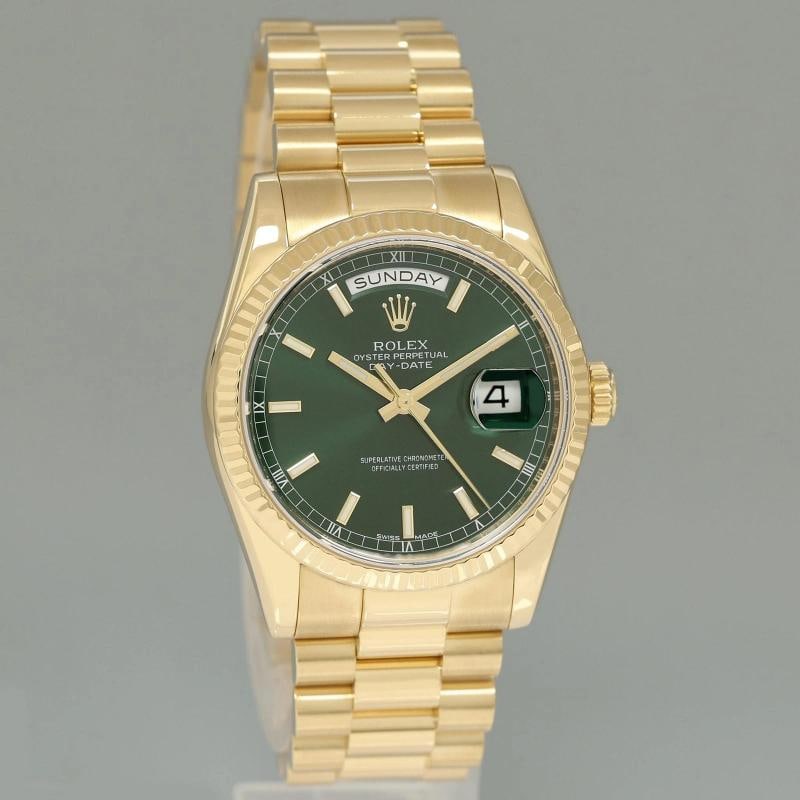 MINT 2014 Rolex President Yellow Gold Day Date Green Stick Dial 118238 Watch Box - 3