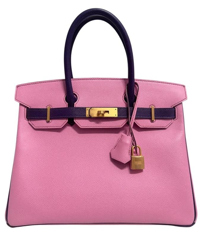 Hermes Birkin 30 Special Order Bubblegum Pink Ultra Violet Epsom Brushed Gold: 9"H x 12"W x 6"D . Condition: New without tags,Bag Width: 12 in,Bag Height: 9 in,Closure: Turn Lock,Handle/Strap Color: Purple,Size: 30,Handle Style: Top Handle,Lining Material: Leather,Hardware