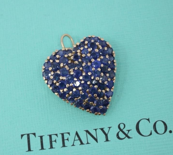 Tiffany & Co Heart Pin Pendant Necklace 14k Yellow Gold Blue Sapphires 2.00ctw (1 of 8)